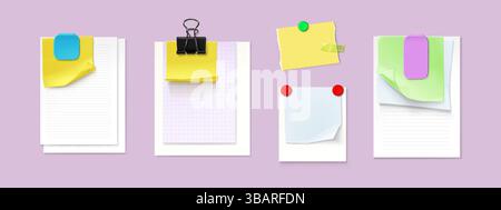 Sammlung farbiger Notizen aus Papier, geklebt mit Binderklammern und Magneten - Blätter mit gewellter Ecke, quadratische Memo-Aufkleber. Bürobedarf Schreibwaren nachgeahmt Stock Vektor