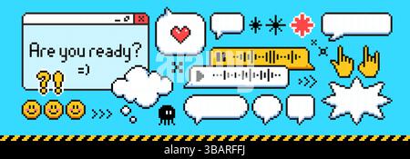 Pixel Art Sprechblasen und Emoticon Set – Chatbox im 8-Bit-Retro-Stil, Herzen und Sterne, lächelnde Gesichter und Symbole für Handgesten. Geometrische s Stock Vektor