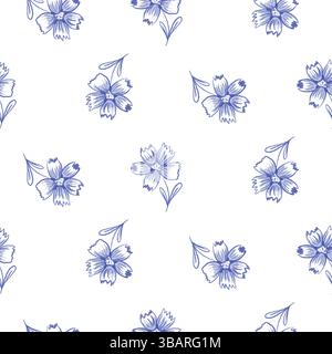 Hand gezeichnete blaue Blumen nahtlose Muster mit organischen Naturformen auf weiß für Stoff, Textilien, Kleidung, Tapeten, Cover, Banner, Wohnkultur Stockfoto