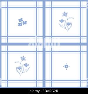 Klassisches Karomuster im Küchen-Stil. Geometrischer Karomuster in Blau und weiß. Schlichter minimalistischer Hintergrund mit kariertem Blumenmuster Stockfoto