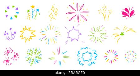 Kreide-Feuerwerk-Scribbles isoliert auf weißem Hintergrund. Vektor-realistische Illustration von Hand gezeichnetem Farbkonfetti, Sternen, Funkeln, Doodl Stock Vektor