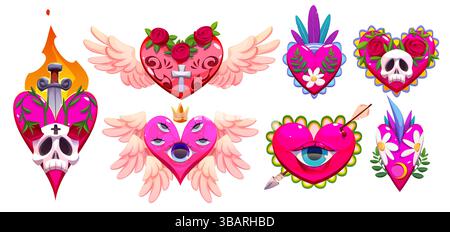 Mexikanisches heiliges Herz Designs - farbenfrohe Comic Vektor Set mit Blumen und Flügeln, Dolch und Krone, alle sehen Auge im Retro-Stil. Traditionelles Volk A Stock Vektor