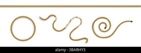 Nautische Seile, isoliert auf weißem Hintergrund. Vektor-realistische Illustration von geraden, kurvenförmigen, geschwungenen Kreis braunen Gewinden, natürlichen Garnstücken, Stock Vektor