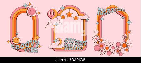 Groovige Vibe Sweet Dreams Border Elements - funky Regenbogenrahmen mit lächelnden Gesichtern und Wolken, Blumen und Sternen. Hippie-Stil Cartoon Retro positiv p Stock Vektor
