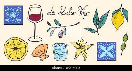 Symbole für italienische Sommermenüs sind isoliert auf Hintergrund gesetzt. Vektor-Illustration von Hand gezeichnet Doodle Zitrone, Oliven, Weinglas, exotische Blume, Meeresschale, bl Stock Vektor