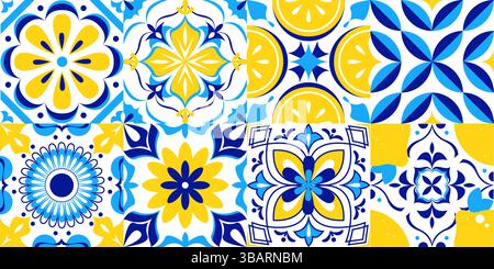 Amalfi-Muster: Mosaikmuster mit Zitronenscheiben und Blumenmotiven. Farbenfrohe geometrische Komposition mit Rosetten und Diamantformen. Mediterrane Leute Stock Vektor