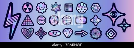 Y2K-Paket mit holografischen Aufklebern – optisches Retro-Design in Pink und Lila mit schwarzen Aufklebern. Grafikelemente im Cyber-Stil der 90er Jahre mit lächelndem Gesicht und Stern, h Stock Vektor