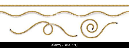 Seilzugkollektion – gewellte, geschwungene Linien, die in Schlaufen gebunden sind. Realistische Kabelelemente für Ränder, Trennwände und Rahmen. Verdrehtes Hanffasergewinde Stock Vektor