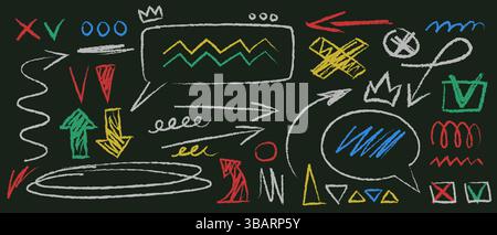 Bunte Kreidekritzelemente auf Tafel - Rahmen und Rahmen, Pfeile und Kronen, Markierungslinien und Blitzschläge, Kreise und Kritzeleien. Han Stock Vektor