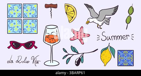 Italienische Sommerferien Ikonen im Hintergrund. Vektor-Illustration von Hand gezeichneter Doodle Zitrone, Olivenzweig, Cocktailglas, Möwe, starf Stock Vektor