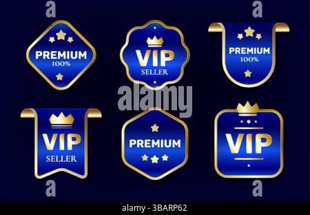Premium-VIP-Verkäuferetiketten in königsblauen und goldenen Farben. Elegante Formen mit Kronen und Sternen. Luxuriöse Abzeichen, Aufkleber und Bänder für exklusive o Stock Vektor
