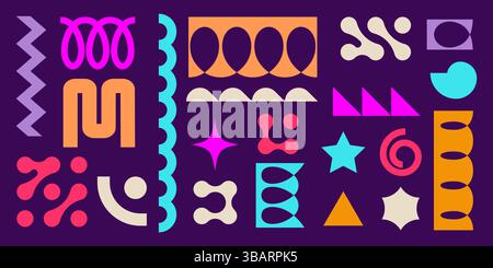 Federspulen und Metaballformen in leuchtenden Neonfarben. Flache Vektorillustration Elemente abstrakter Wellenlinien, Locken, abgerundeter Rechtecke, ovale Stock Vektor