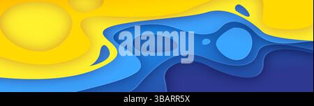 Topographie Hintergrund im papercut-Stil mit blauen und gelben geschichteten wellenförmigen Formen. Heller abstrakter Ozean oder Strand im Sommer mit Wasser- und Sandoberfläche, Stock Vektor