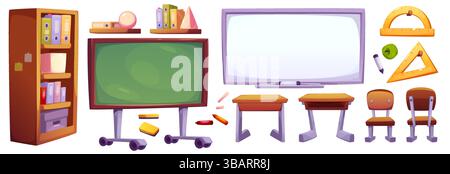 Schulmöbel und -Ausrüstung isoliert auf weißem Hintergrund. Vektor-Karikaturillustration von Schülertischen und -Stühlen, saubere Tafel, Stock Vektor