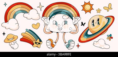 Retro-Himmelsmaskottchen isoliert auf weißem Hintergrund. Vektor-Cartoon-Illustration von groovigen Wolken, Regenbogen, Planeten, Pilzen, Sternzeichen lächelnd und Stock Vektor
