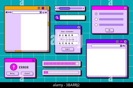 Retro-Benutzeroberflächenset – stilisierte Fenster, Anmeldefelder, Suchleiste, Ladefortschrittsanzeige. Leuchtende Farben 90er Jahre Vintage gui-Elemente – Fehlermeldung Stock Vektor