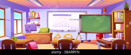 Karikaturunterricht Innenansicht mit geometrischen Formen, Messinstrumenten und Kreidetafel für Geometrieunterricht. Gemütliches Bildungsumfeld mit Stock Vektor