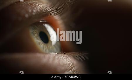 Wunderschönes blaues Auge, extreme Makroaufnahme aus der Nähe. Perspektiven-, Wahrnehmungs- und Sehkonzepte. Stockfoto