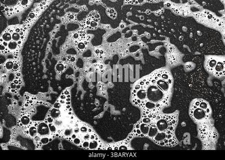 Schaumige Seifenbläschen Textur. Abstraktes Schwarzweiß-Muster. Nahaufnahme von dickem Schaum mit Wasser. Reinigen des Hintergrunds mit kreisförmigen Formen. Stockfoto