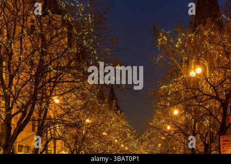 Festliche weihnachtslichter schmücken Bäume entlang einer Stadtstraße bei Nacht und schaffen eine magische Urlaubsatmosphäre Stockfoto