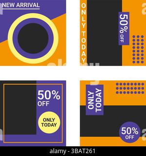 Sammlung farbenfroher Banner-Vorlagen mit auffälliger Typografie, Rabattlabels und modernen geometrischen Formen in Lila, Orange und Gelb Stock Vektor