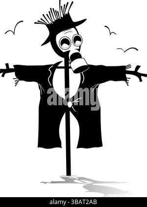 Vogelscheuche in der Gasmaske. Zeichentrickscheuche in der Gasmaske und Vögeln. Schwarz-weißer Hintergrund Stock Vektor