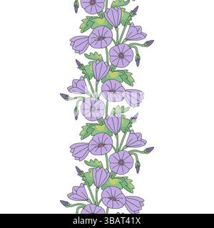 Streifenmuster mit Linienart kanarische Inseln Blumen Malve Bindweed. Nahtloser Blumenrand mit handgezeichneten Millefleur-Pflanzen Stock Vektor