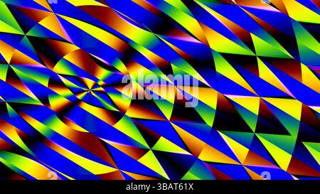Neon-Prisma-Muster – dreieckiges Farbraster mit intensiven Regenbogenlinien und elektrischen Energiebildern Stockfoto