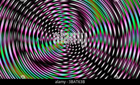 Psychedelische Konzentrische Ring-Illusion – Schwarzes und Regenbogenspiralmuster mit hypnotischen Chromwellen Stockfoto