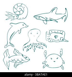 Sea World Life Doodle Line Set. Handgezeichnete kindliche Grafik, Tuschpinselkontur isolierte Elemente. Zeichentrickstil Zeichendesign, Umriss Stock Vektor