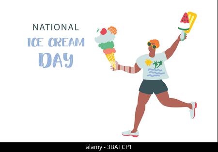Happy National Ice Cream Day. Lustige Leute in Sommerkleidung, die Eis in der Hand halten. Stock Vektor