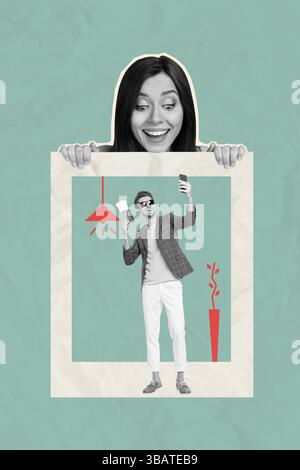 Bildtrendcollage des jungen Frauenblicks im Bilderrahmen mit Person im Salon Stockfoto