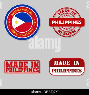 Set mit vier Stempeln mit Flagge, hergestellt auf den Philippinen Stock Vektor