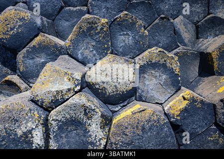 Muster in der Natur. Nahaufnahme der ineinander greifenden Basaltsäulen des Middle Causeway, Giant's Causeway, Antrim Coast, Nordirland Stockfoto