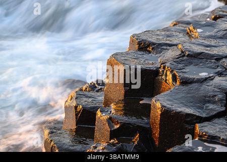 Am späten Nachmittag Sonnenlicht bei Nahaufnahme der Basaltsäulen des Middle Causeway, Giant's Causeway, Antrim Coast, Nordirland Stockfoto
