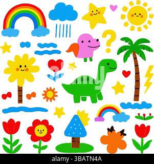 Skurrile Rainbow Doodle Collection: Niedliche handgezeichnete Illustrationen von Dinosauriern, Blumen und Sonnenschein Stock Vektor