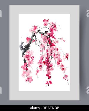Zweig des blühenden Sakura-Baumes aus der japanischen Touristenregion auf Wandkunst. Aquarellgrafik Stock Vektor