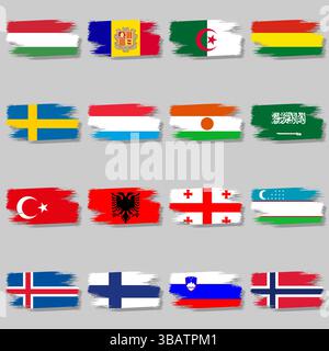 Vektorsatz von Pinselstrichen mit Fahnen und Schatten Stock Vektor