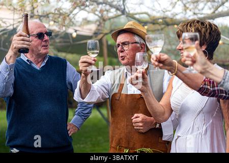 Gruppe älterer Freunde, die bei einem fröhlichen Treffen im Freien mit Gläsern Wein und Bier toasten. Ältere Männer und Frauen feiern gemeinsam in einer Re Stockfoto