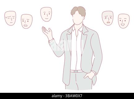 Eine Person, die eine Vielzahl von Emotionen mithilfe farbenfroher und ausdrucksstarker Masken in einer sehr kreativen Umgebung darstellt Stock Vektor