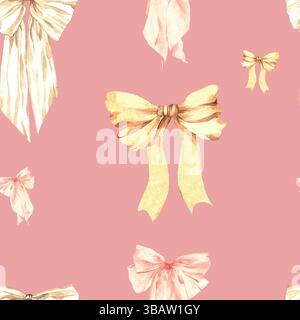 Muster von Bögen unterschiedlicher Größe. Aquarellmuster. Gelbe und pinkfarbene Schleifen von Bändern im Muster. Rosafarbener Hintergrund. Geeignet zum Bedrucken auf Verpackung Stockfoto