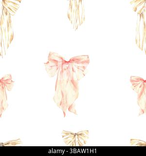 Muster von Bögen unterschiedlicher Größe, bemalt mit Aquarellen. Beige und pinkfarbene Schleifen mit Design. Aquarellschleifen aus Bändern. Weißer Hintergrund. Suita Stockfoto