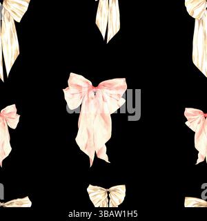 Muster von Bögen unterschiedlicher Größe, bemalt mit Aquarellen. Schwarzer Hintergrund. Beige und pinkfarbene Schleifen mit Design. Aquarellschleifen aus Bändern. Suita Stockfoto