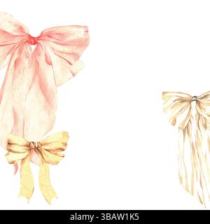 Quadratischer Rahmen aus Schleifen in Pink, Gelb und Beige. Set aus drei Bögen, die mit Aquarellen von Hand bemalt wurden. Weißer Hintergrund. Bögen in den Ecken des Piktu Stockfoto