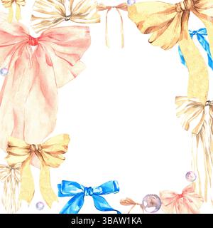 Quadratischer Rahmen aus Schleifen in Pink, Gelb, Beige und Blau, mit mehrfarbigen runden Perlen. Handbemalt mit Aquarellen. Weißer Hintergrund. Stockfoto