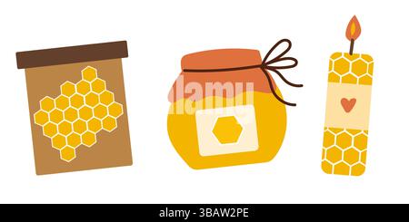 Set mit Bienenwachs-Elementen. Glas mit Honig. Kerze aus Bienenwachs. Stock Vektor