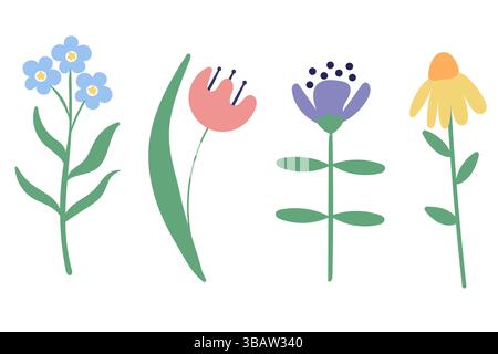 Einfaches Blumenset. Wildblumensammlung. Minimalistisches Design. Stock Vektor