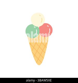 Niedliche Eisbecher mit drei bunten Kugeln im flachen Cartoon-Stil. Lustige Sommer-Dessert-Illustration für Kinder und süße Motive. Isoliert am Stock Vektor