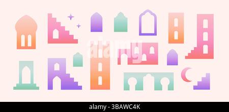 Abstrakter arabischer marokkanischer Bogen, Tür, Architektur, Stadtgebäude, Mond. Geometrischer Boho ästhetischer Vektor bunte Elemente Set. Stock Vektor
