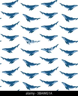 Nahtloses Vektor-Muster von flachen handgezeichneten Buckelwalen isoliert auf weißem Hintergrund Stock Vektor
